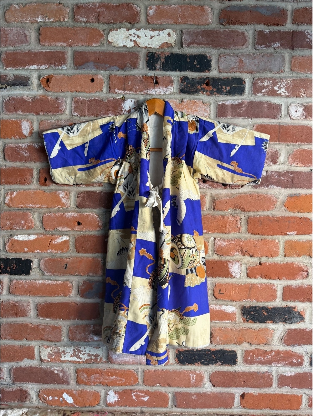 Children's Vintage Japanese Kimono Robe with Crane and Traditional Motif Print